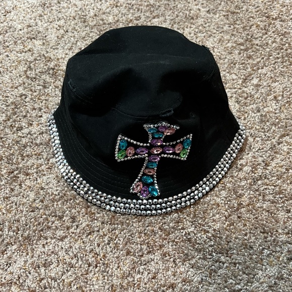 Bling Rhinestone Cross Bucket Hat Black Womens Premium Brand Hat - Picture 1 of 11